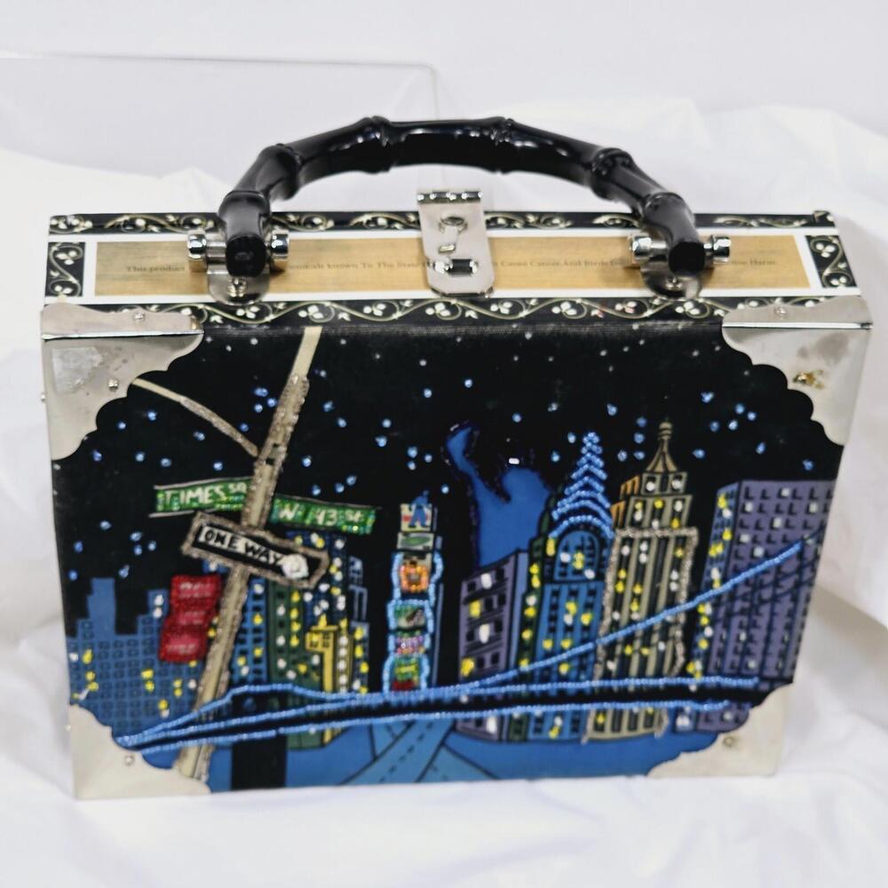 Bueno Wood Cigar Box Purse Beaded New York City Sky Bamboo Style Handle Handbag